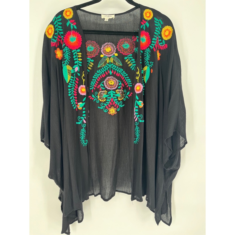 UMGEE Kimono Cardigan Womens S/M Black Floral Embroidered Open Front Boho Shrug
